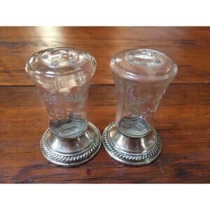 Vtg Antique 1900s Sterling Silver Rogers Floral Glass Salt Pepper Shakers Set